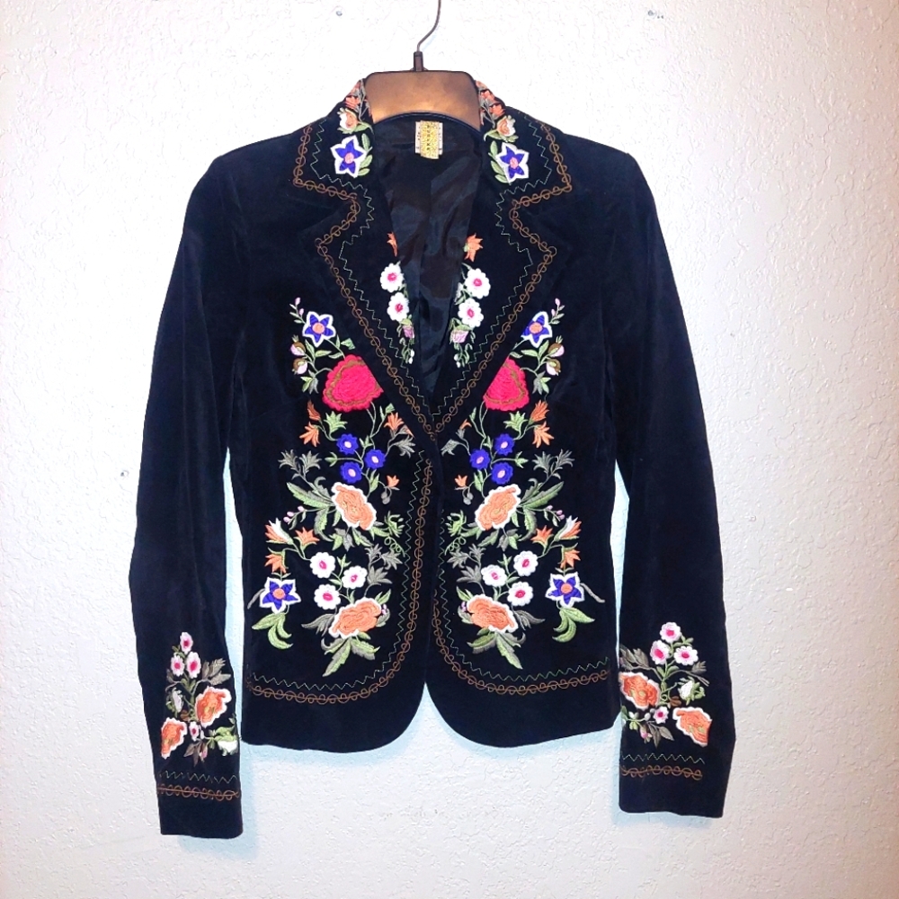 Vintage Y2K Pepper Black Floral Embroidered Collared Velvet Jacket Size S